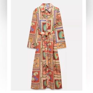 Zara orange tile print shirt dress ZW Collection